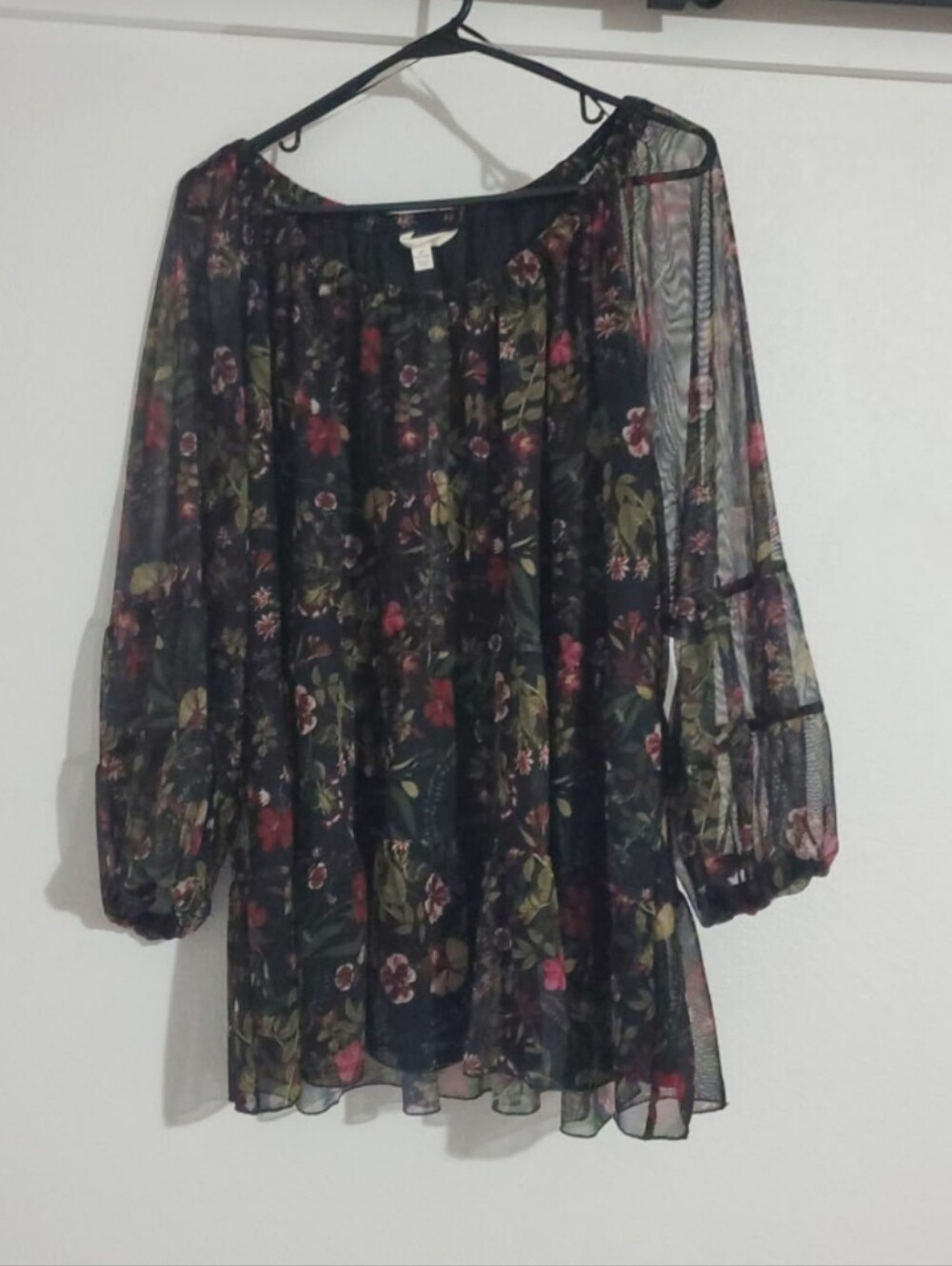 Terra & Sky Black Sheer Floral Blouse with Pink & Green Print